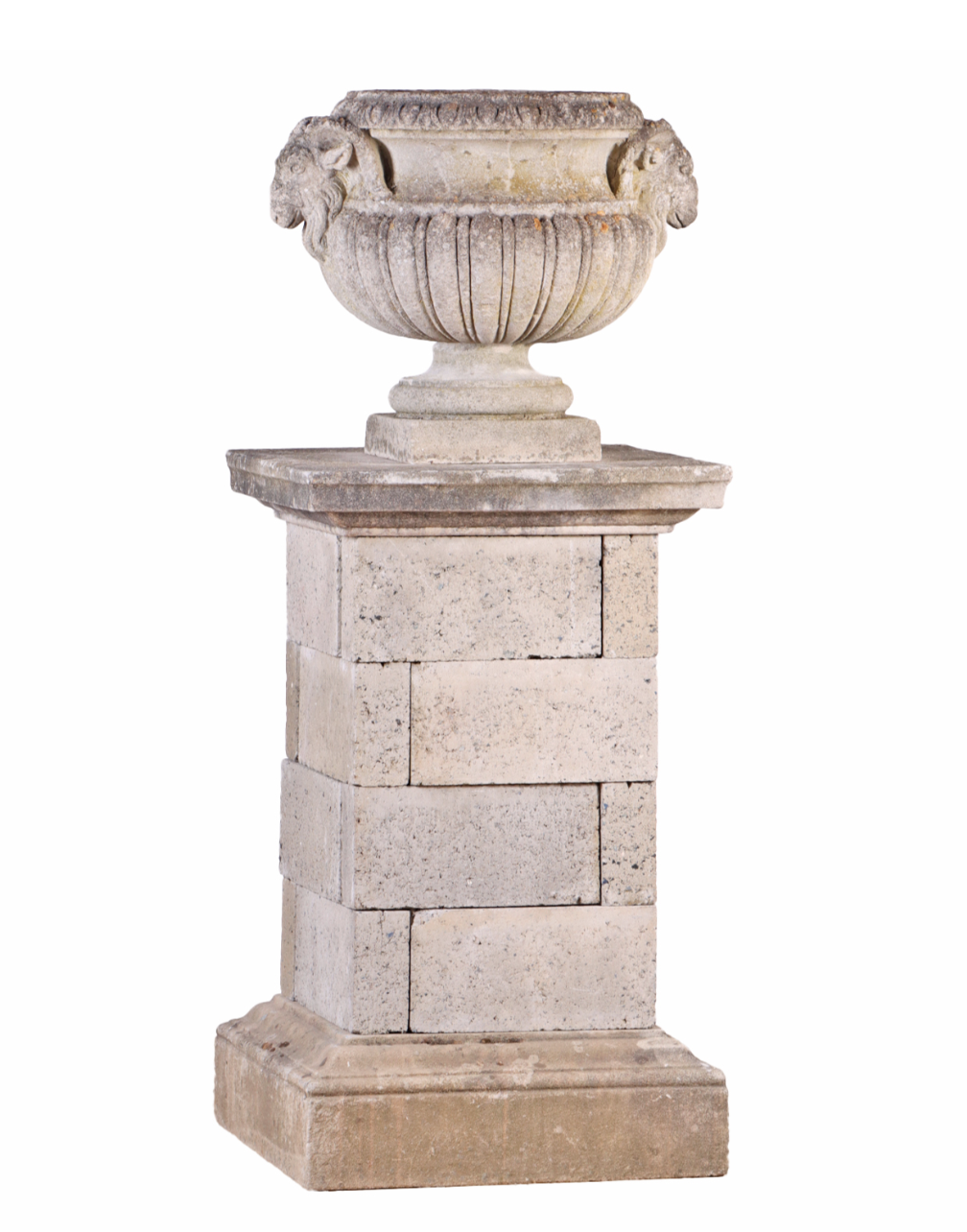 1920s Cast Limestone Garden Urn with Ram Heads on Cast Stone Base Column