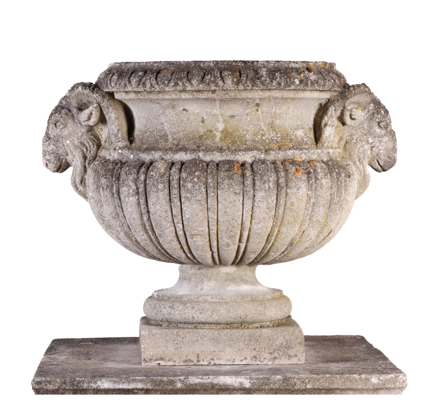 1920s Cast Limestone Garden Urn with Ram Heads on Cast Stone Base Column - View 3