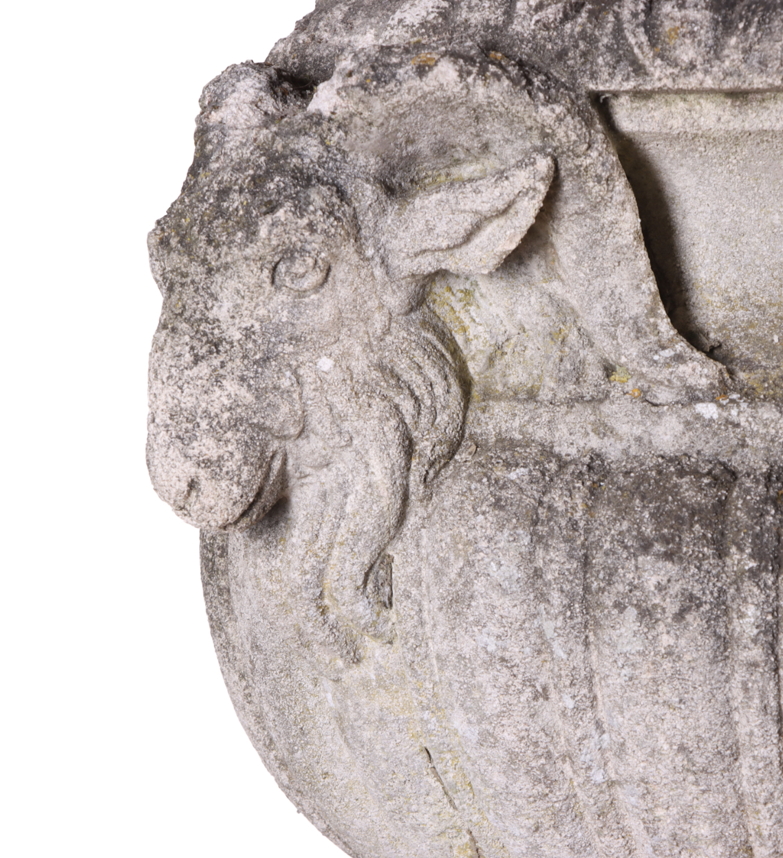 1920s Cast Limestone Garden Urn with Ram Heads on Cast Stone Base Column - View 4